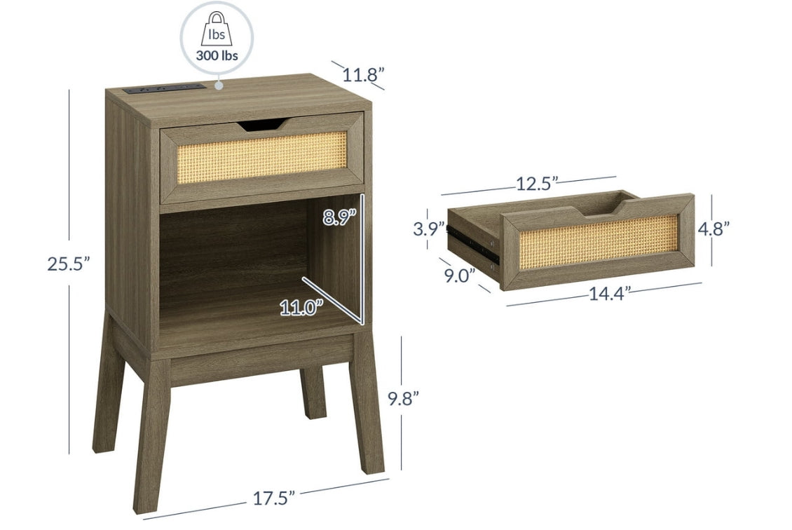 Nightstand with Rattan with Fast USB