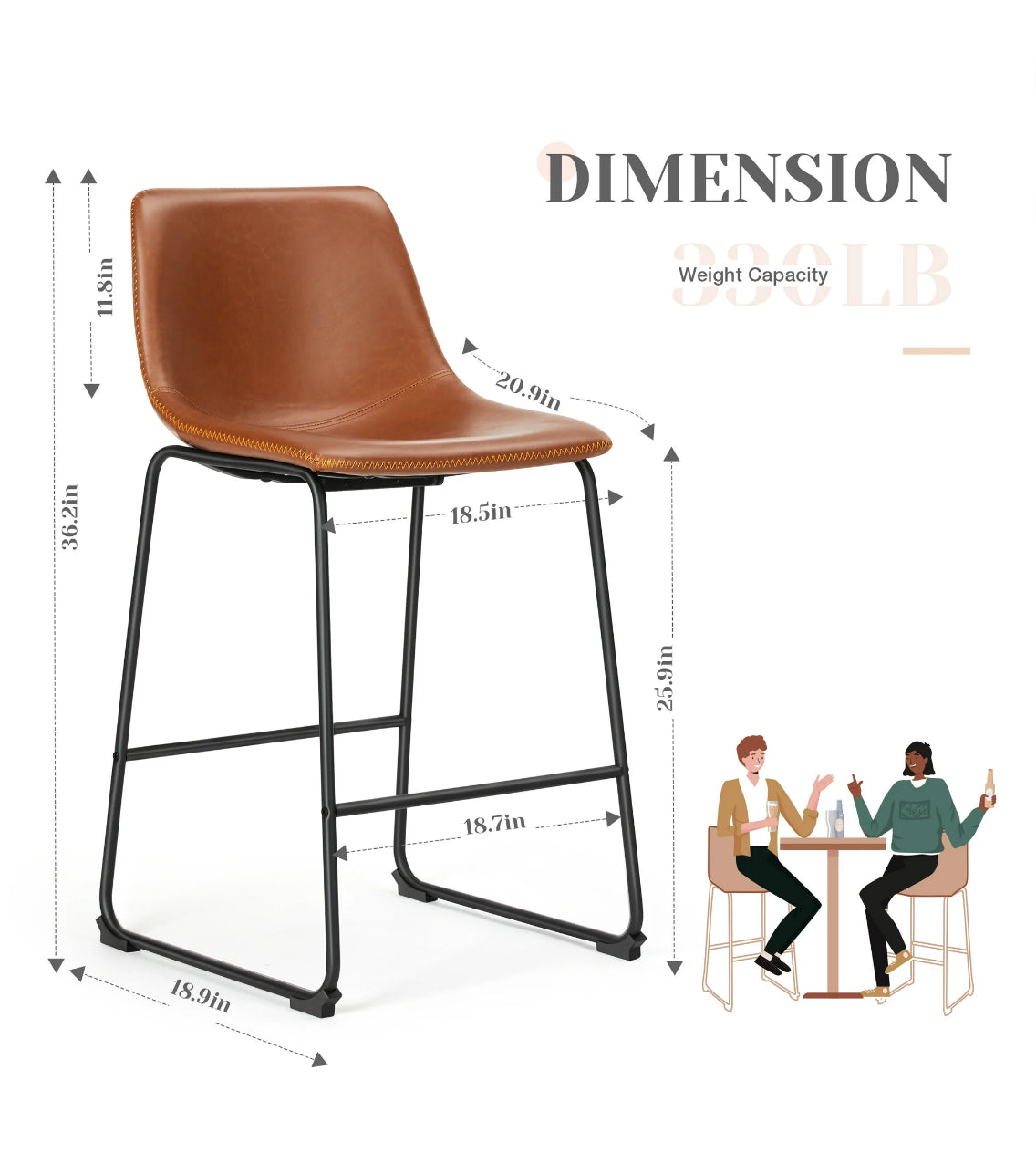 Counter Bar Stools Set of 2 Faux Leather with Metal Legs