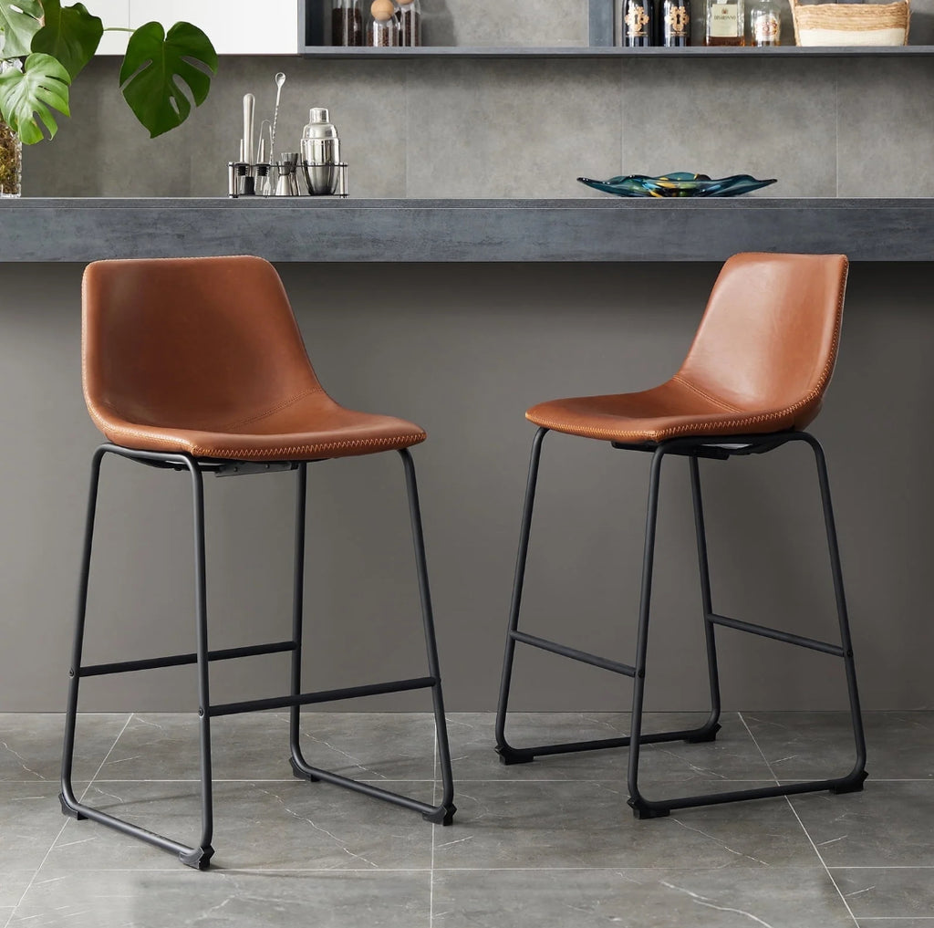 Counter Bar Stools Set of 2 Faux Leather with Metal Legs