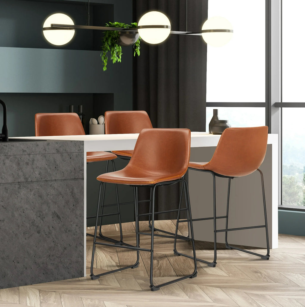 Counter Bar Stools Set of 2 Faux Leather with Metal Legs