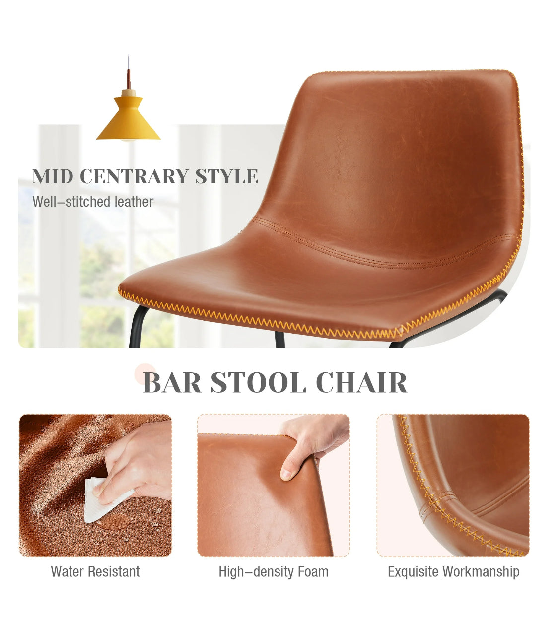 Counter Bar Stools Set of 2 Faux Leather with Metal Legs