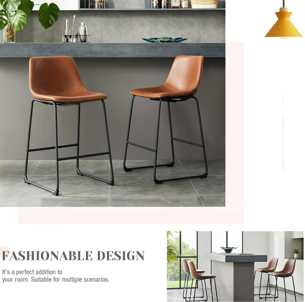 Counter Bar Stools Set of 2 Faux Leather with Metal Legs